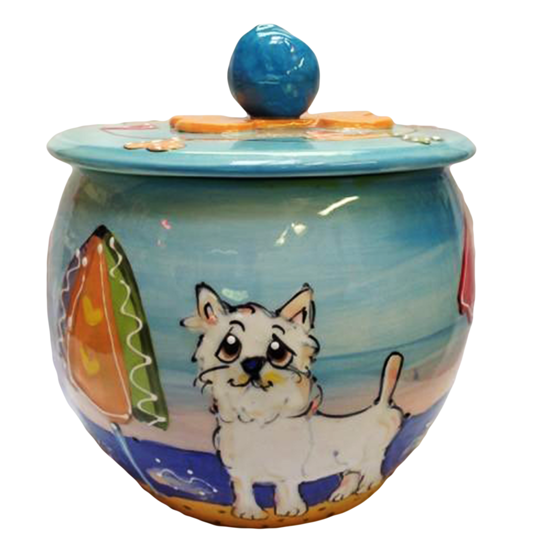 ROUND CERAMIC TREAT JAR FEATURING WEST HIGHLAND TERRIER ON THE BEACH BY DEBBY CARMAN