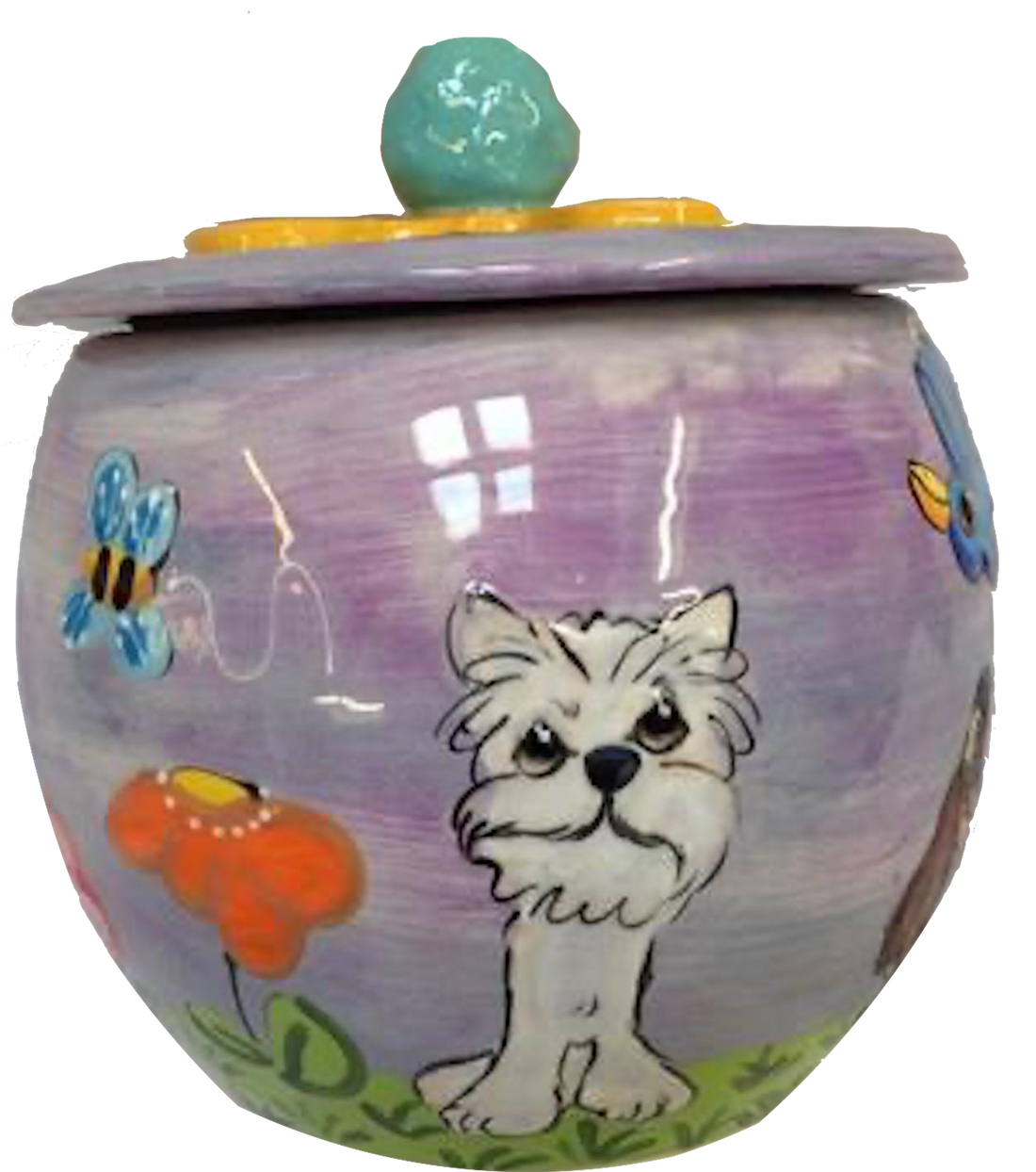 west sitting in grassy with flowers and butterflies hand painted ceramic dog treat jar with pet portrait by Debby Carman 