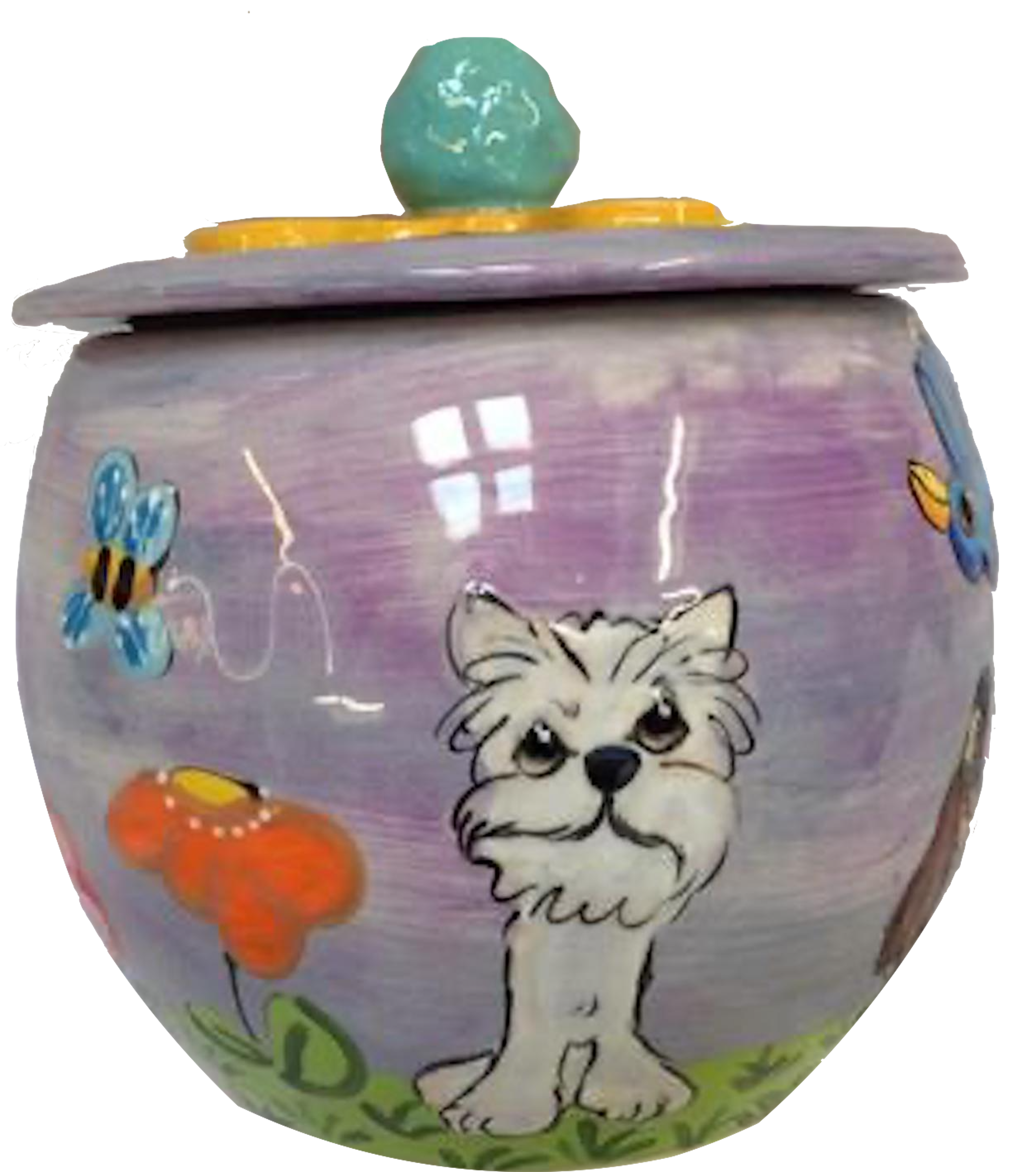 west sitting in grassy with flowers and butterflies hand painted ceramic dog treat jar with pet portrait by Debby Carman 