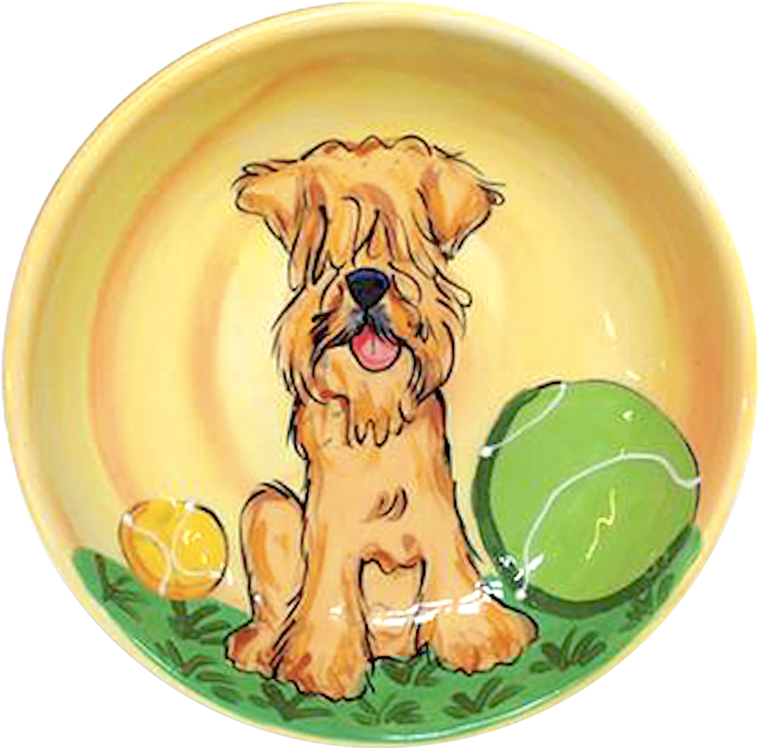 WHEATEN TERRIER ART TENNIS BALL LOVER PORTRAIT ON CERAMIC DOG FOOD AND WATER BOWL HAND PAINTED BY FAUX PAW PRODUCTIONS ARTIST Debby Carman  IN SMALL MEDIUM AND LARGE