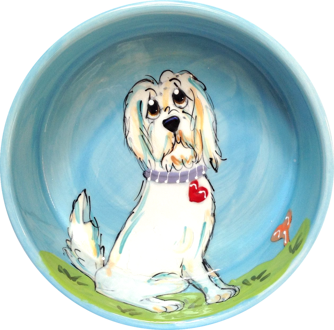 LABRADOODLE OR GOLDEN DOODLE WITH HEART COLLAR SITTING IN GARDEN WITH BONE HAND PAINTED ON CERAMIC FOOD OR WATER BOWL FOR PETS PERSONALIZED WITH PET NAME OR CUSTOMIZE WITH WHIMSICAL PET PORTRAIT HAND PAINTED BY DEBBY CARMAN