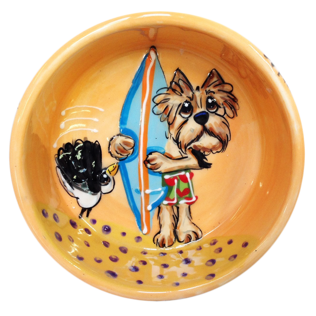 Yorkshire terrier hand painted with surfboard on yellow ceramic dog bowl custom personalized pet bowls by Debby Carman 