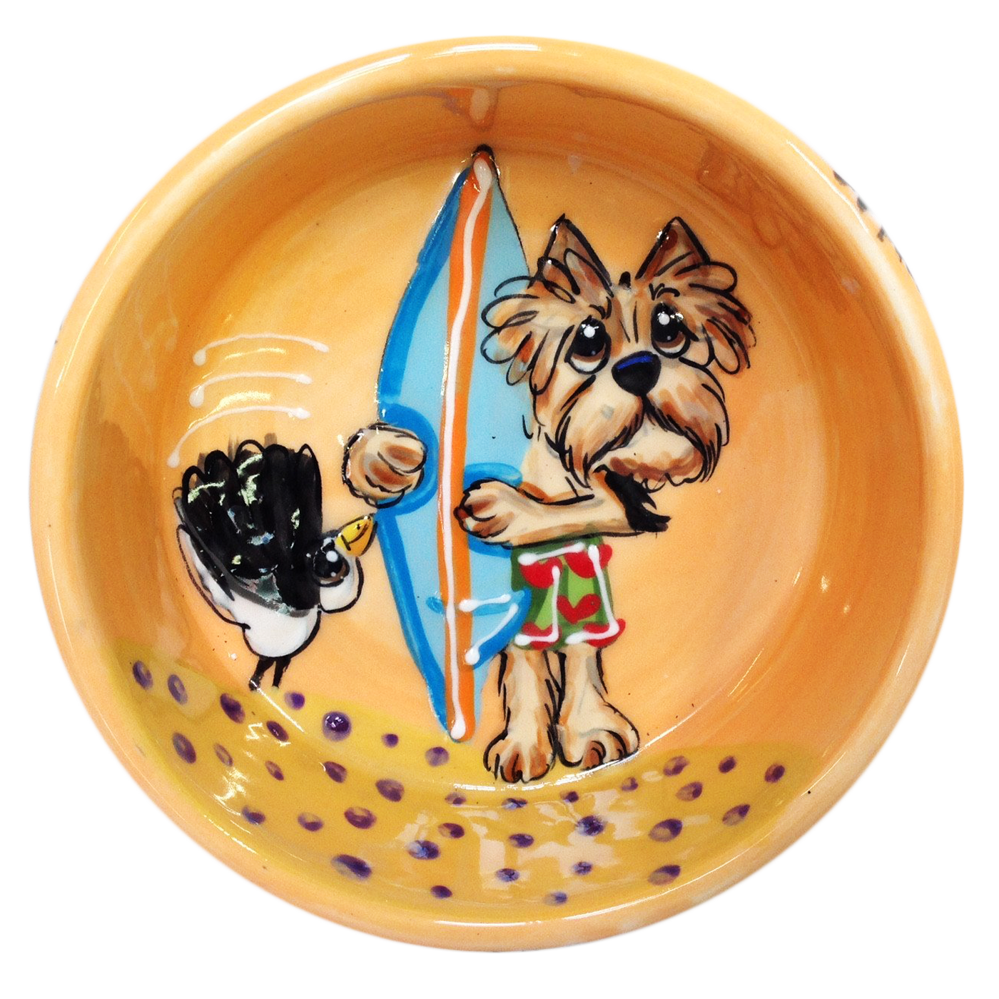 Yorkshire terrier hand painted with surfboard on yellow ceramic dog bowl custom personalized pet bowls by Debby Carman 