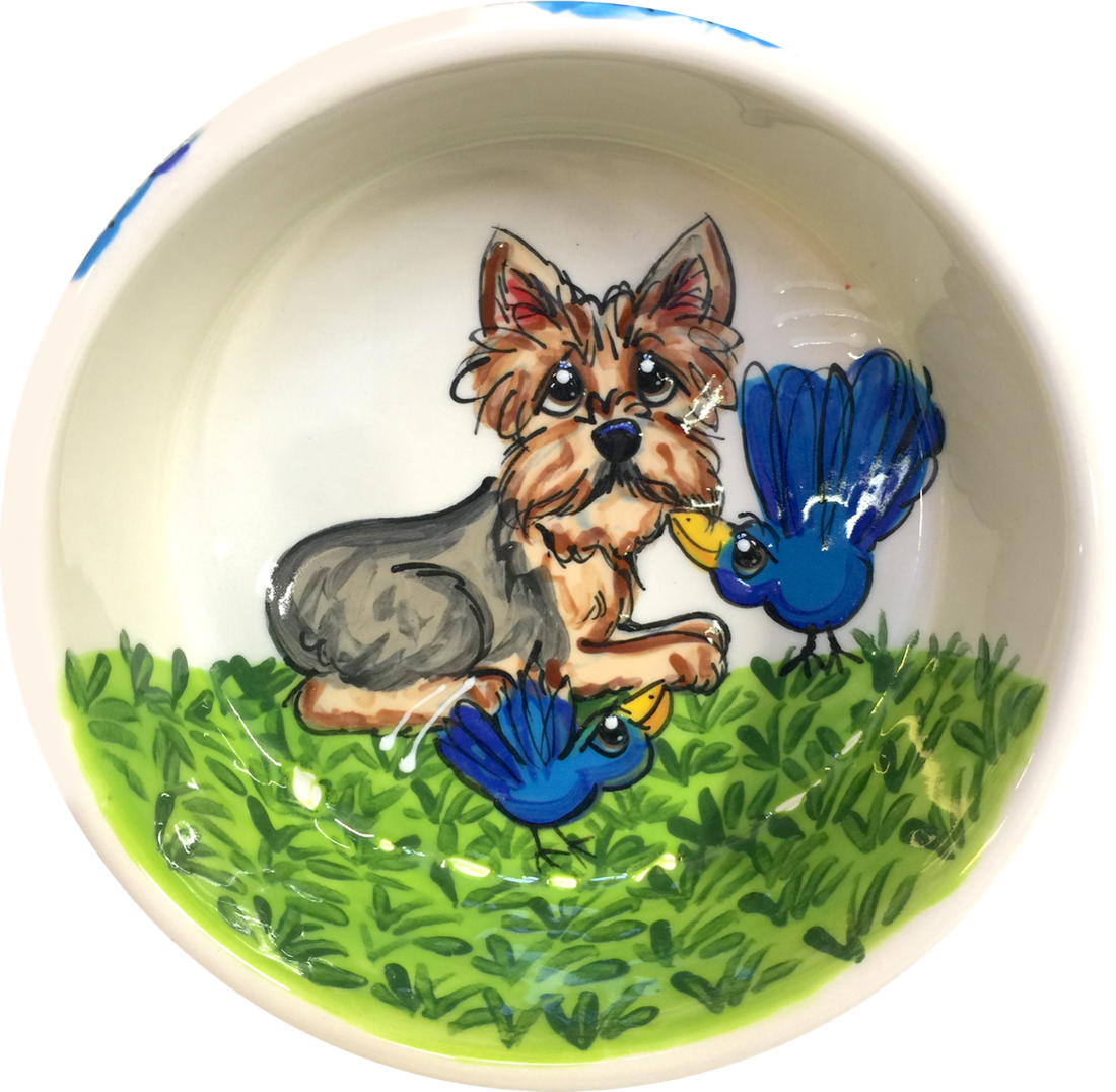 Small Ceramic Pet Bowl with Hand Painted Yorkshire terrier dog