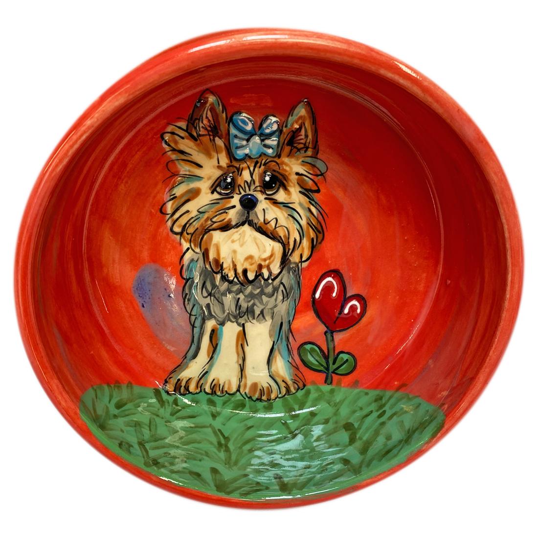 Yorkshire terrier girl on red ceramic dog bowl by pet portrait artist debby carman