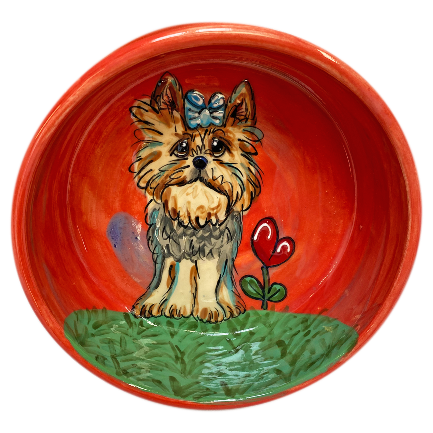 Yorkshire terrier girl on red ceramic dog bowl by pet portrait artist debby carman