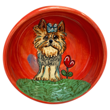 Yorkshire terrier girl on red ceramic dog bowl by pet portrait artist debby carman
