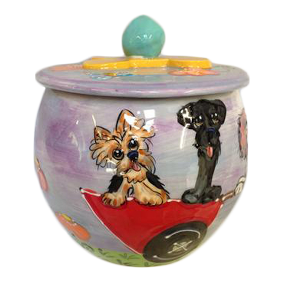 handmade ceramic dog treat jar purple color by debby carman