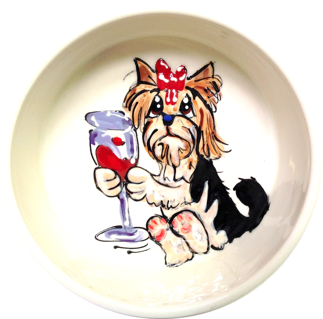 Wine Dog Yorkie Girl having a glass of red wine hand painted by Debby Carman on ceramic dog bowl in small sizes