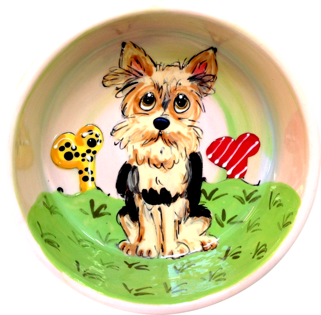 Small dog bowl for yorkie hand painted with bones and  whimsical Yorkshire terrier portrayal from photo made of ceramic pottery in peach color by debby carman