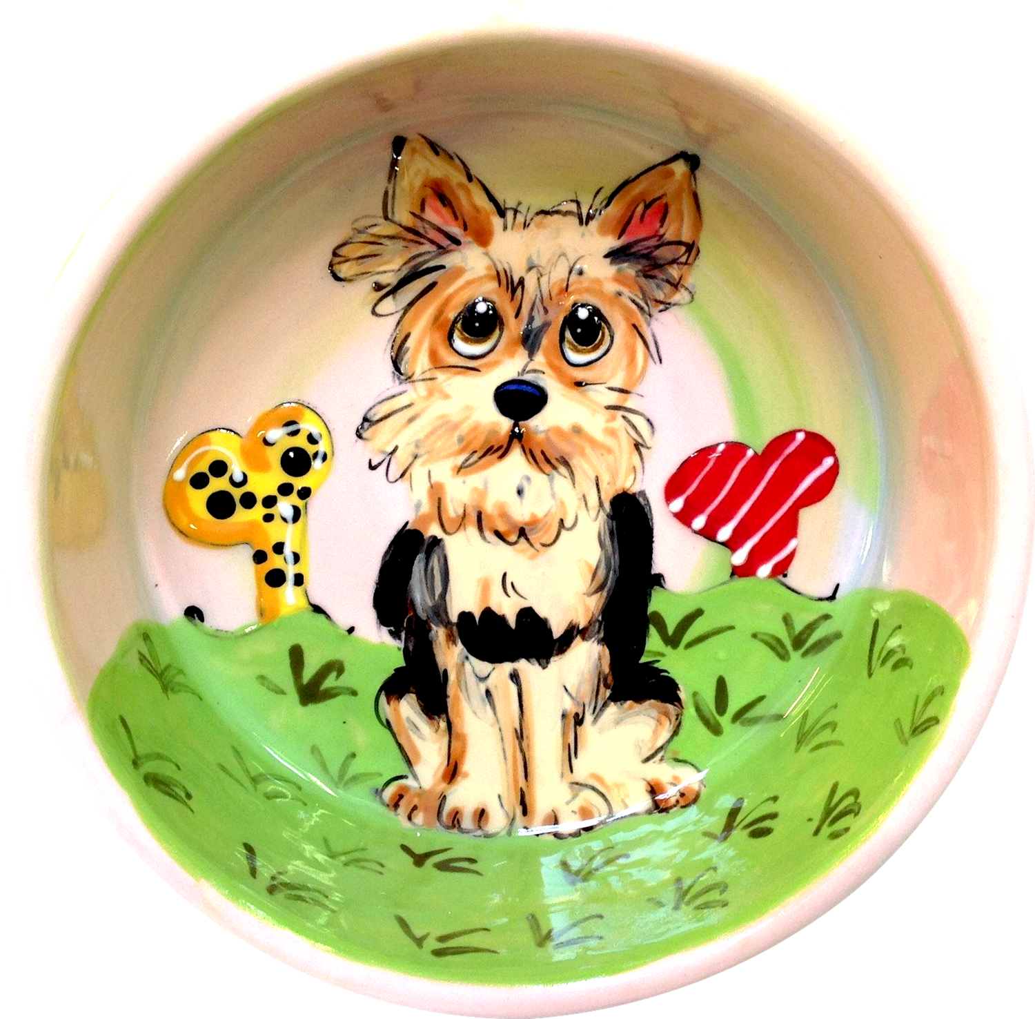 Small dog bowl for yorkie hand painted with bones and  whimsical Yorkshire terrier portrayal from photo made of ceramic pottery in peach color by debby carman