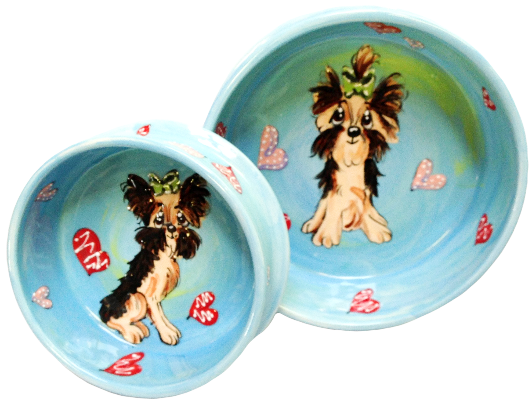 Set of Dog Bowls with yorkie design with hearts and pet portrait from photo