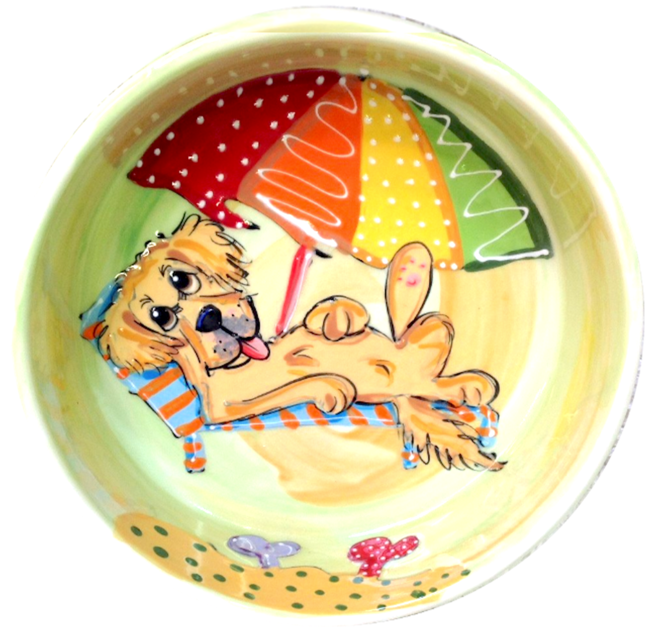 Dog Friendly Beach Golden Retriever relaxing in the sand on yellow ceramic dog bowl