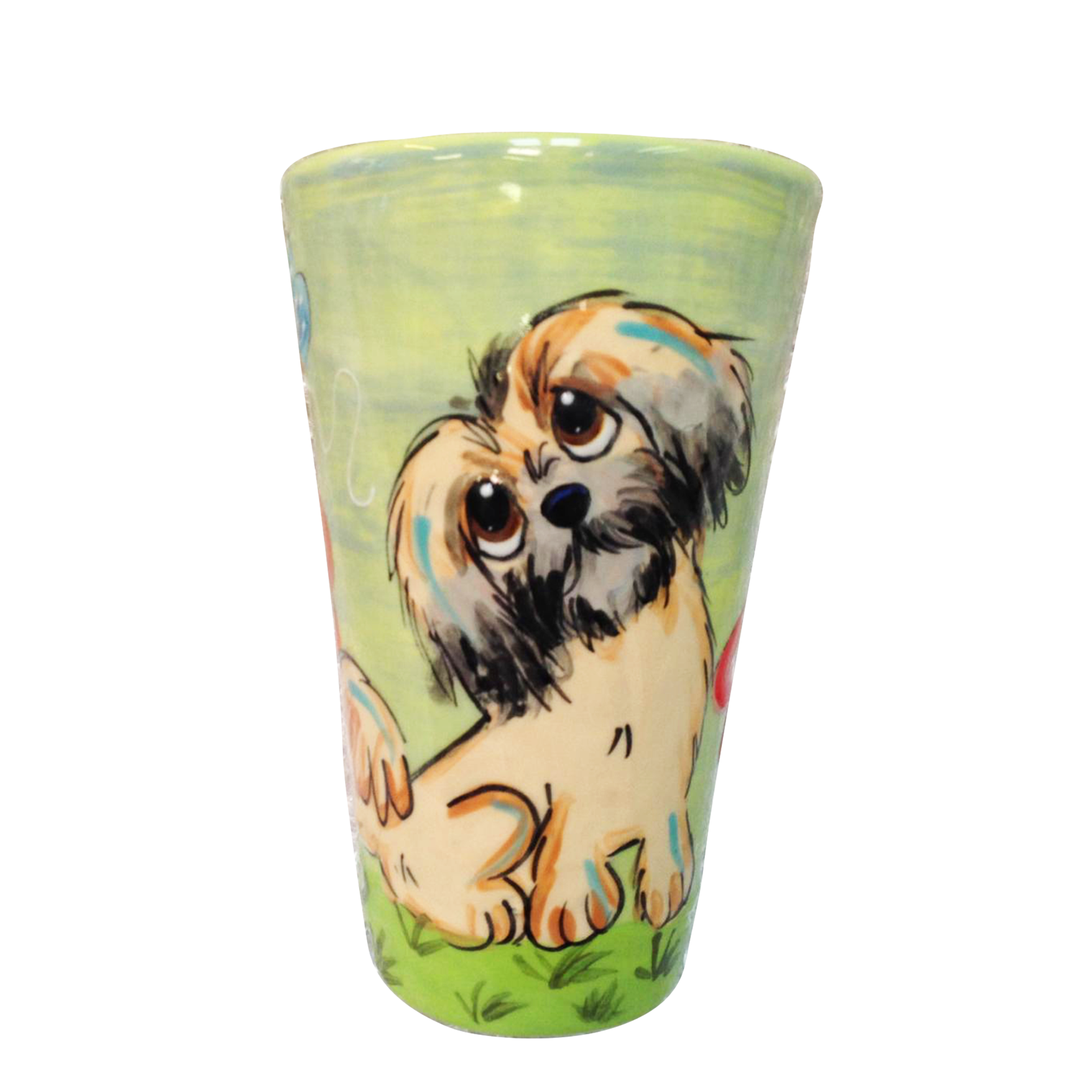 image of brussels griffon dog breed featured on green ceramic tall latte ceramic mug hand painted by Debby Carman 