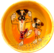 photo of bulldogs on ceramic pet bowl with muscles