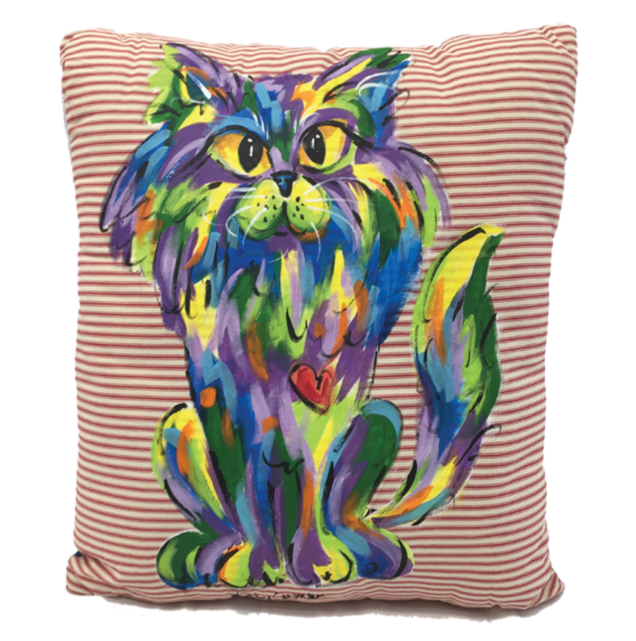 Hand Painted Custom Pet Pillow featuring Rainbow Palz© Cat titled Main Coon on handmade high quality pillow for home decor by Debby Carman