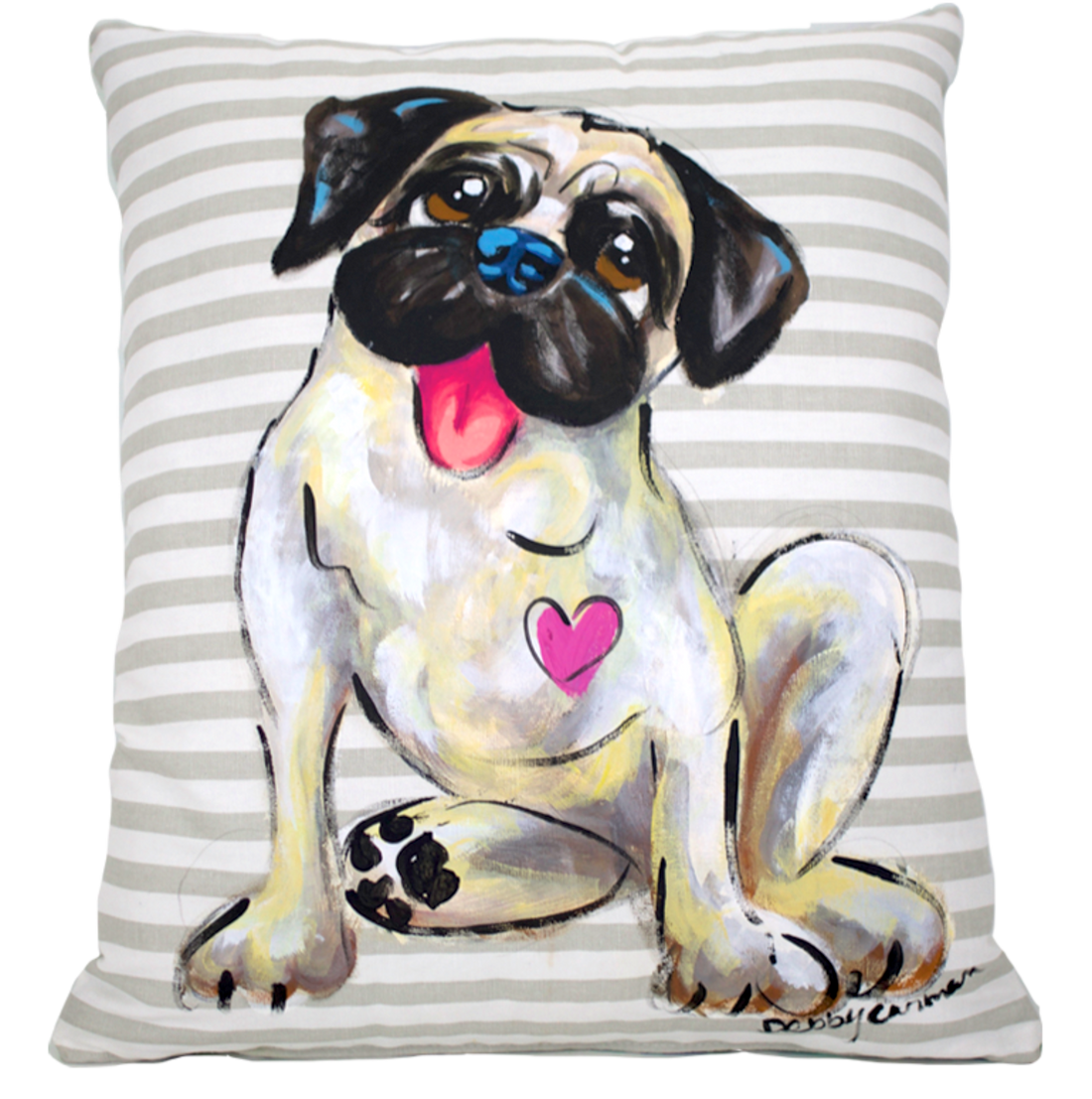 Custom Pug Portrait  featured on patterned handmade canvas pillow hand painted by Debby Carman Dog Pillows Decor for the Home