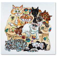 54x54 Artwork titled 'Catastrophe' by Debby Carman featuring various colorful and whimsical cats lounging on and around a beige couch, with intricate floral patterns surrounding them.