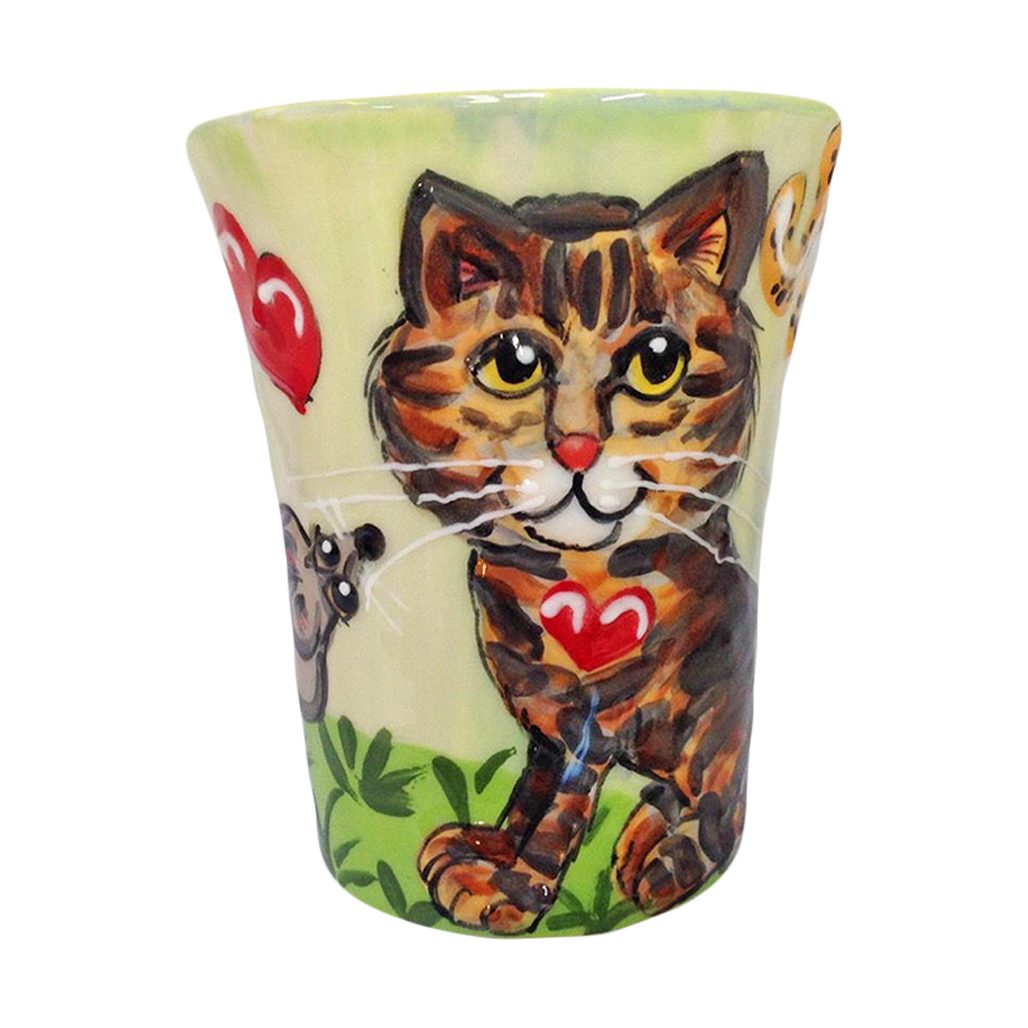 image of whimsical kitten on ceramic coffee mug by Debby Carman 