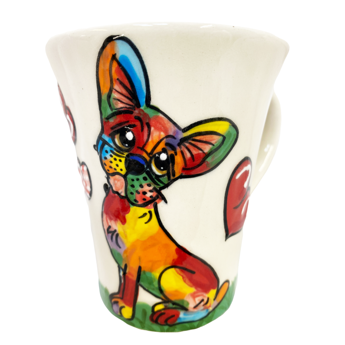 RAINBOW PALZ™ FRENCH BULLDOG ON WHITE CERAMIC COFFEE MUG HAND PAINTED BY FAUX PAW ARTIST Debby Carman OF Laguna Beach CALIFORNIA