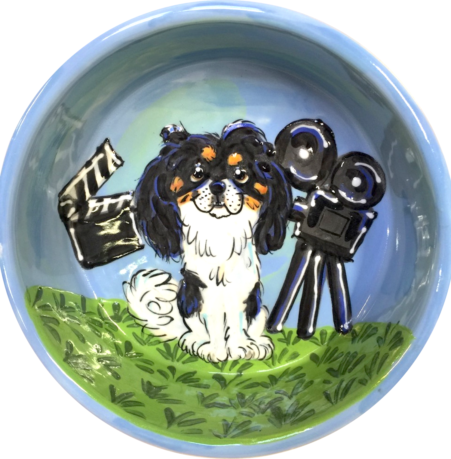 Movie Set Themed Dog Bowl, Japanese Chin,  hand painted pet portraits on custom ceramic dog bowls with name by Debby Carman faux paw productions Artique gallery Laguna Beach faux paw petique boutique pet supply store