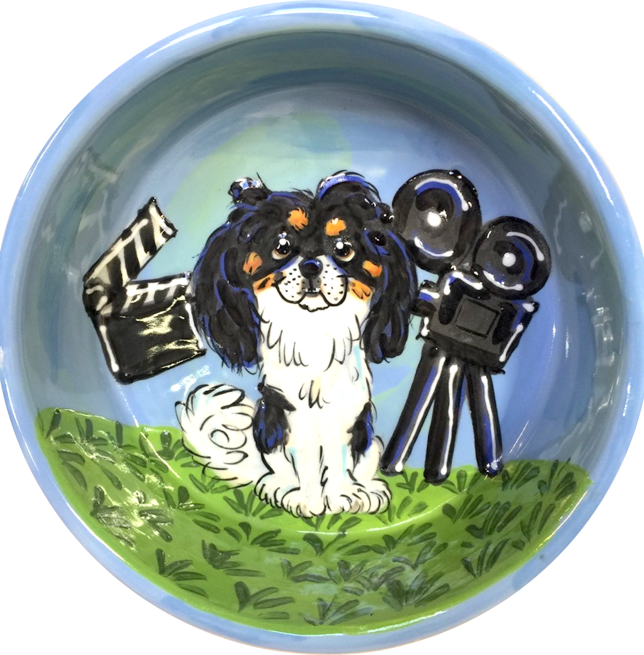 Movie Set Themed Dog Bowl, Japanese Chin,  hand painted pet portraits on custom ceramic dog bowls with name by Debby Carman faux paw productions Artique gallery Laguna Beach faux paw petique boutique pet supply store