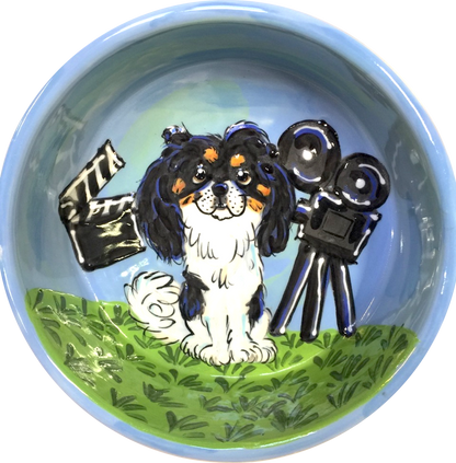 Movie Set Themed Dog Bowl, Japanese Chin,  hand painted pet portraits on custom ceramic dog bowls with name by Debby Carman faux paw productions Artique gallery Laguna Beach faux paw petique boutique pet supply store