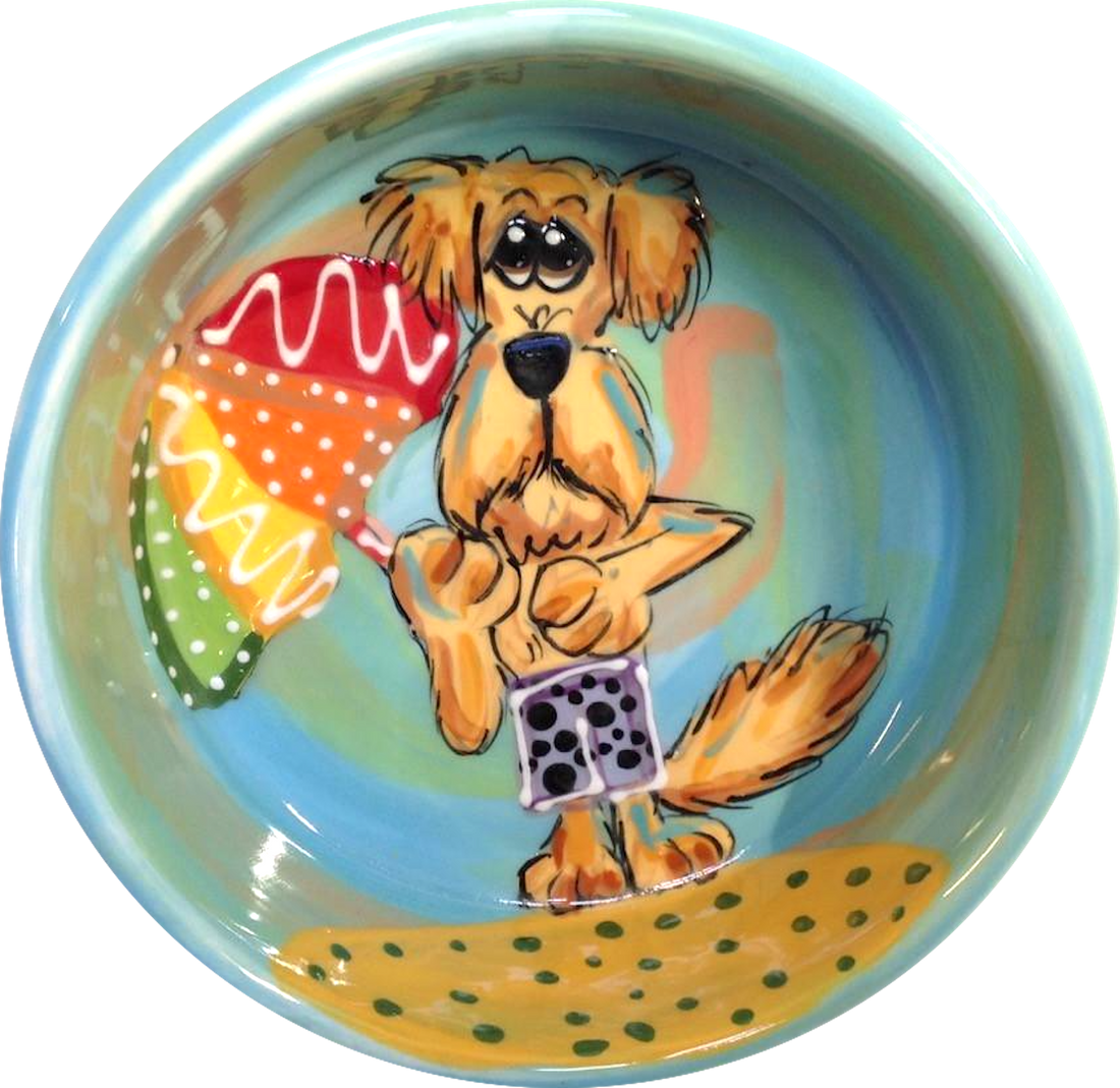 Labradoodle on the beach whimsical painting on ceramic dog bowl / Best  pet bowls 2020 by Debby Carman