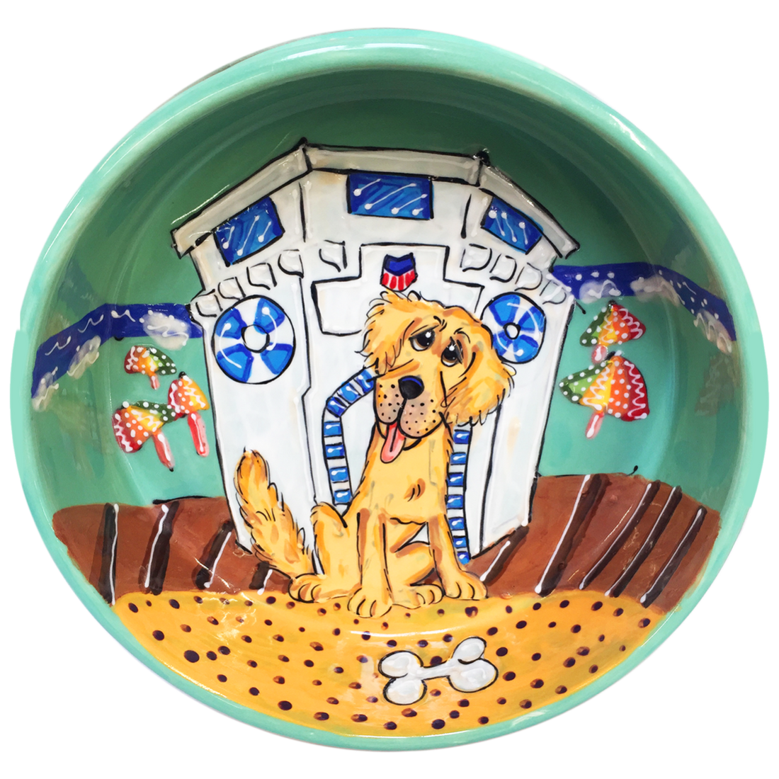 Golden Retriever Bone Lover on Green Ceramic Dog Bowl  by Debby Carman 