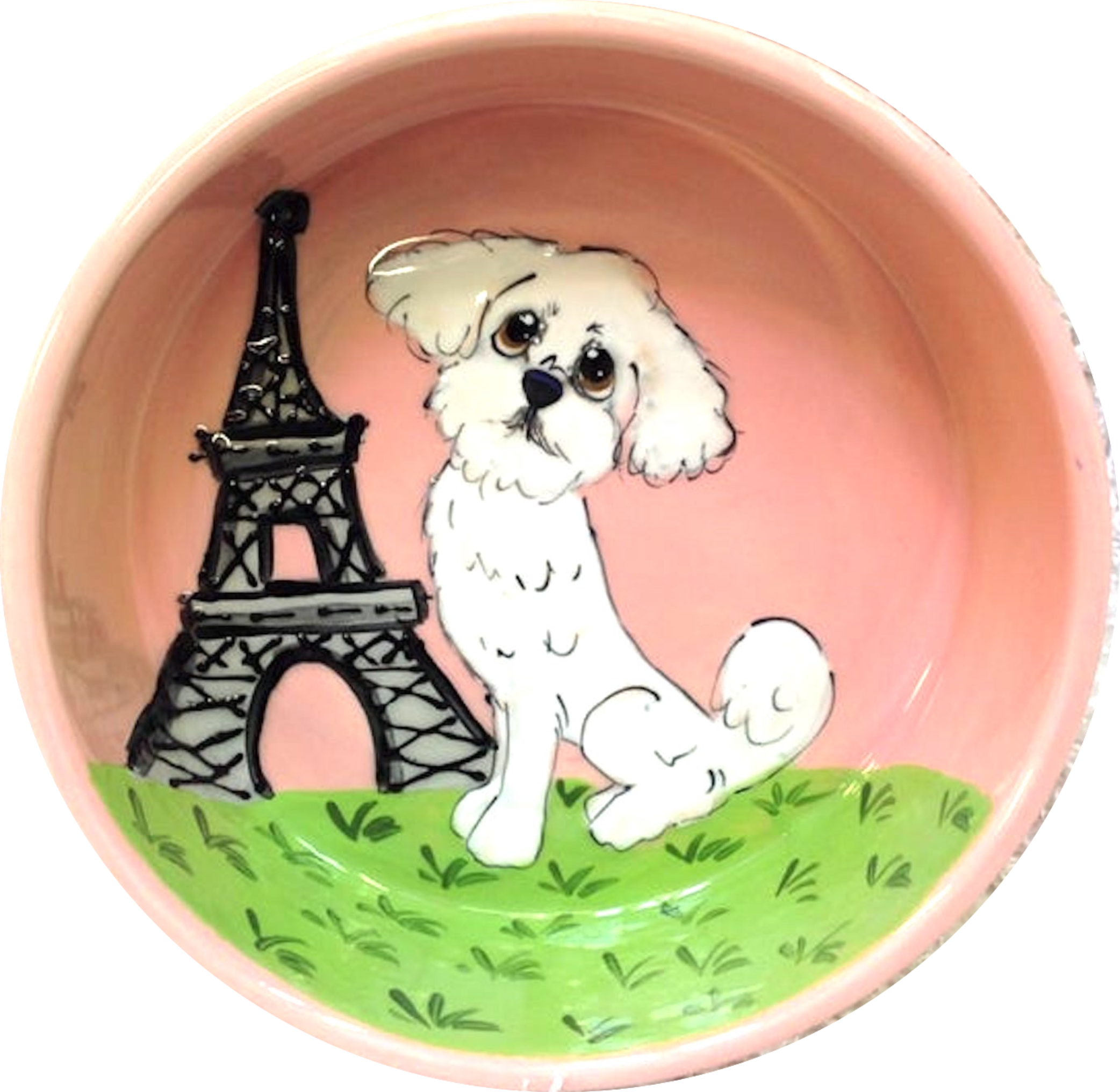 Parisian Bichon Girl on pink pet bowl next to Eiffel Tower hand painted on ceramic dog bowl pet portrait by Debby Carman Laguna Beach artist faux paw productions Artique petique pet boutique pet supplies custom stylish dog bowls personalized gifts for dog liovers and trophy for breed dog show events and kennel clubs / custom dog bowl / ceramic / pink dog bowl / dog trends / spoiled dog / girlie dog 