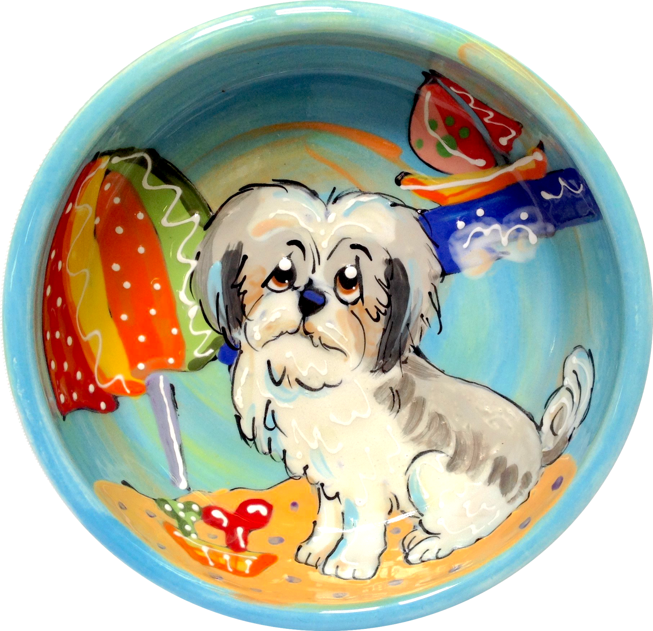 photo of blue ceramic dog bowl with hand painted Shih Tzu portrayal on a beach with bones buried in the sand and sailboat in the background as a unique dog gift