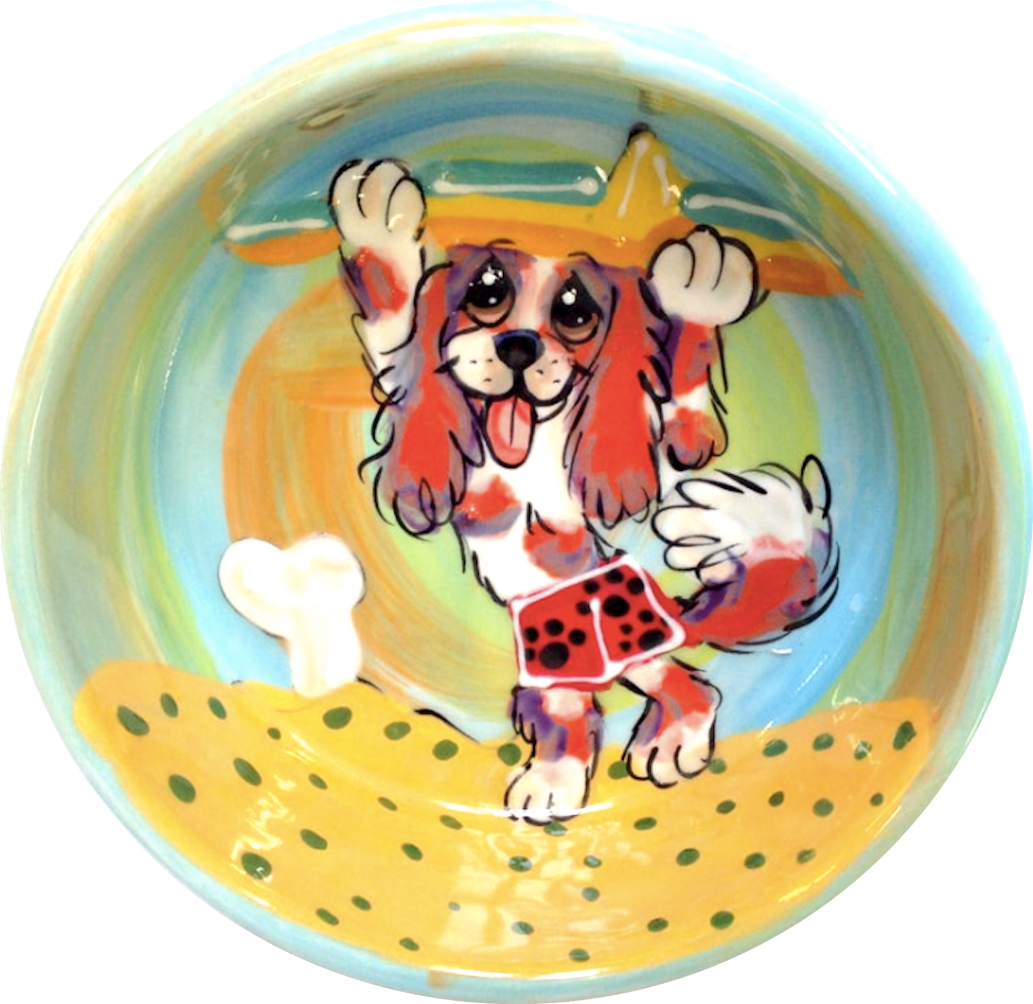 image of cavalier King Charles spaniel taking surfboard to the waves in a sunset beach scene custom created pet bowl hand painted by faux paw productions artist Debby Carman 