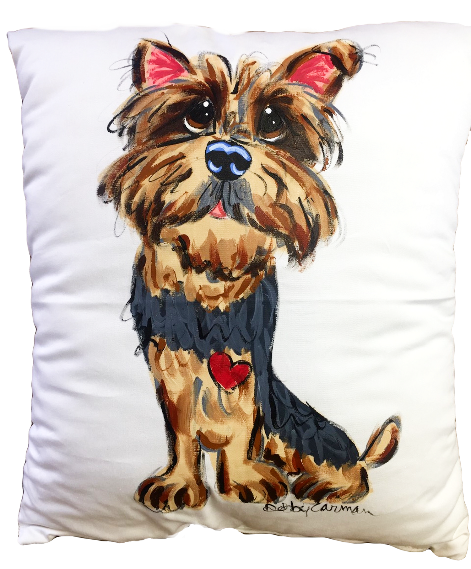 Yorkie Whimsical Portrait on handmade custom dog pillow by Debby Carman of Faux Paw Petique Artique