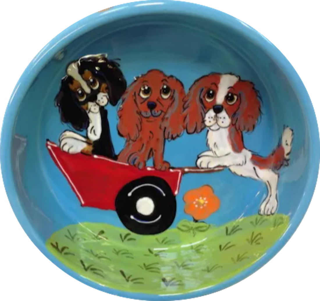 Whimsical / Dog Bowl / Large / Pet Bowls / Pet Supplies / water dish / ceramic / handmade / gift / dog mom / Debby Carman / dog bowl pottery / sturdy dog bowl / heavy dog bowl / faux paw petique / faux Paw Artique/ faux paw productions / cat fishing / Dalmatian / best dog bowl 2020 / celebrity pet / custom / personalize dog bowl with name / hand painted / pet portrait / dog portrait from photo / bestselling dog bowls / pet bowl set / puppy bowl / pet art / dog art / cavalier / King Charles / blue dog bowl