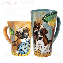 Image of custom dog mug in short coffee and tall latte size featuring English bulldog Hand painted pet portrait ceramic mugs by Debby Carman / faux paw productions
