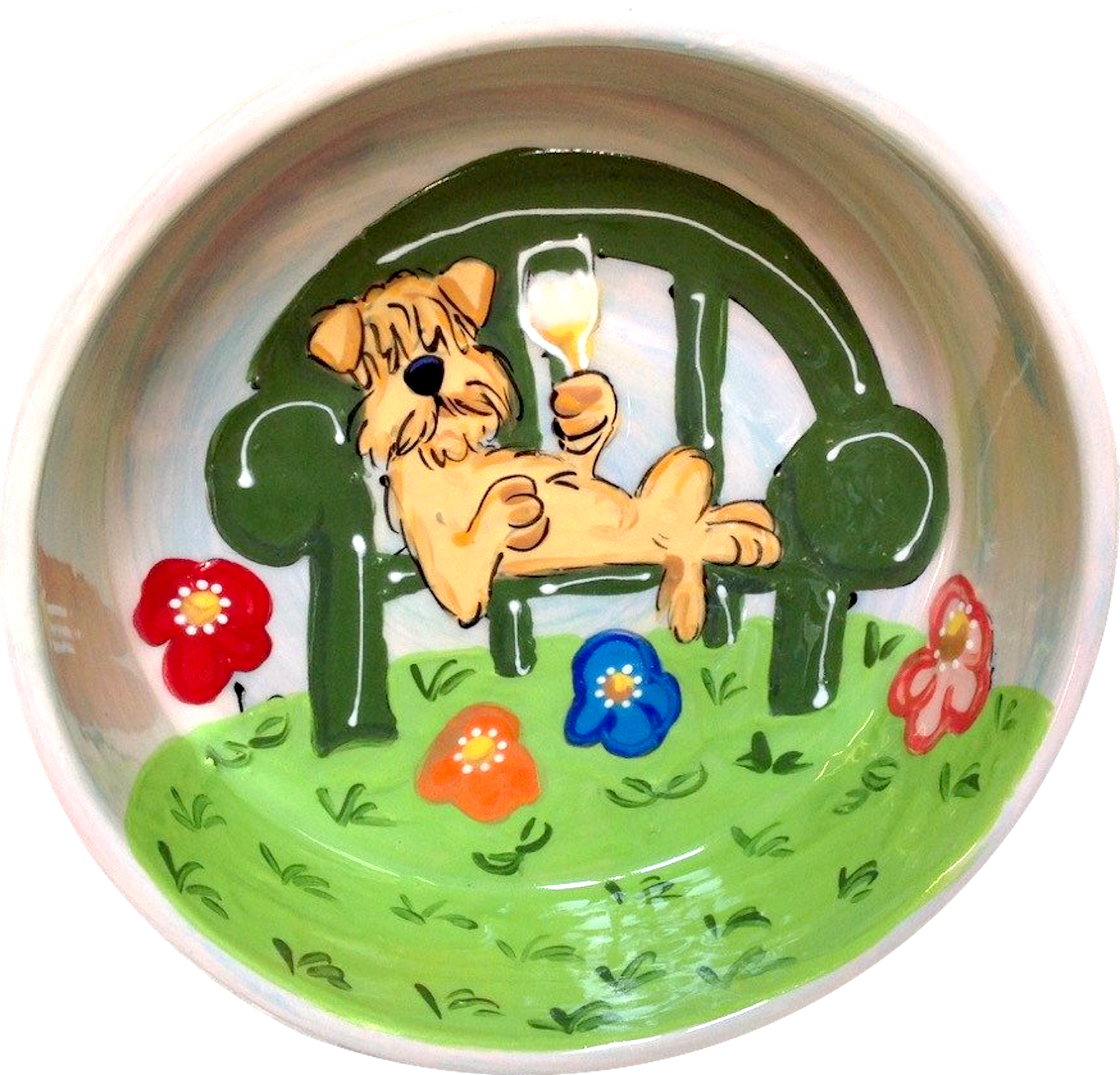 wheaten terrier puppy dog bowl on ceramic food and water bowl hand painted by faux paw artist Debby Carman of Laguna Beach California 