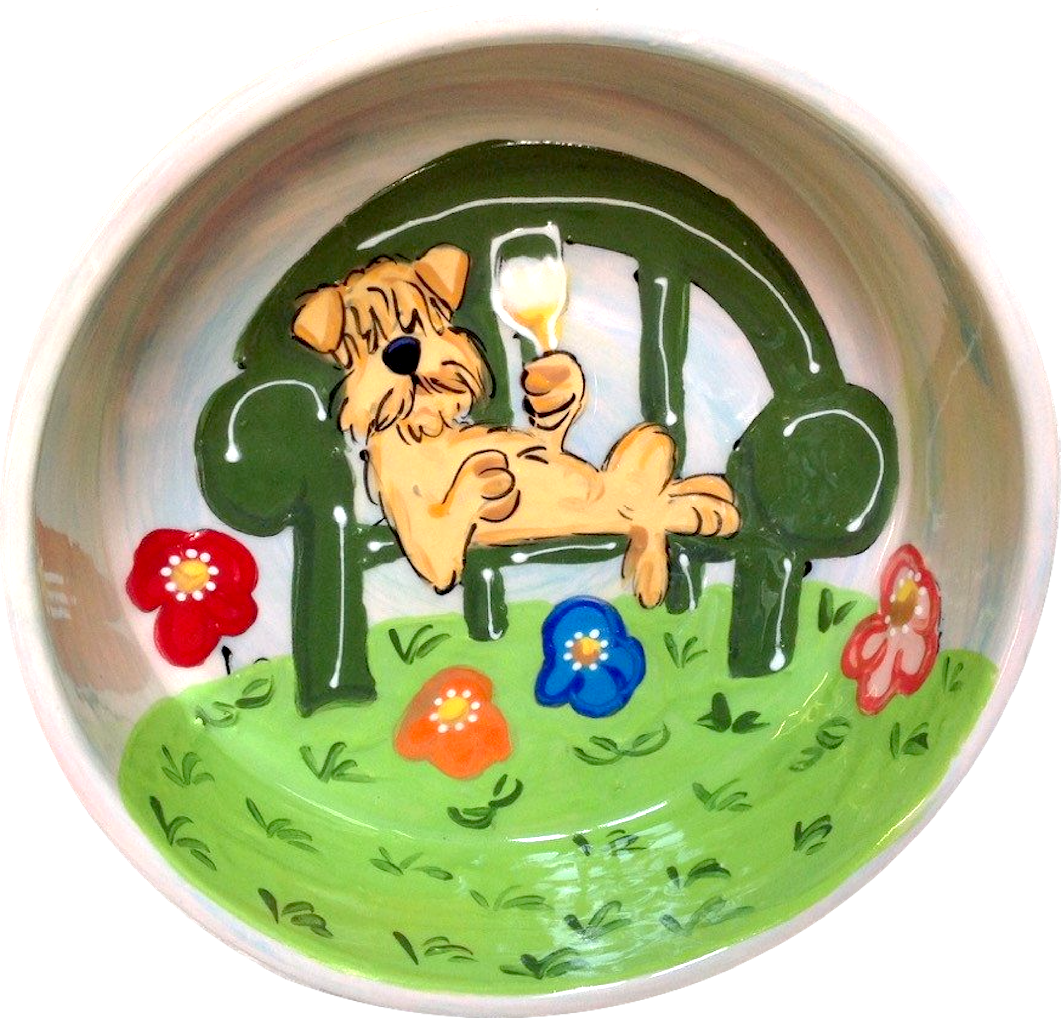 wheaten terrier puppy dog bowl on ceramic food and water bowl hand painted by faux paw artist Debby Carman of Laguna Beach California 