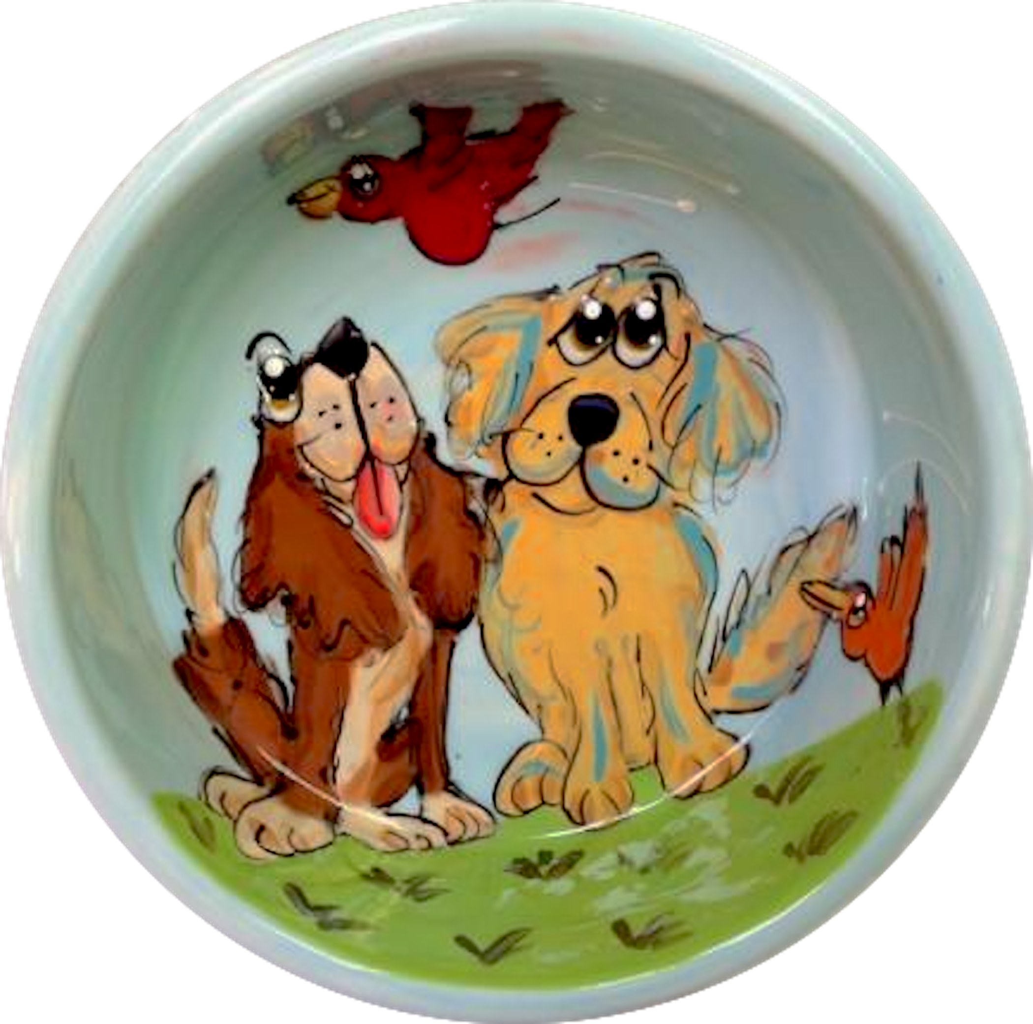 image of ceramic dog bowl hand painted by Debby Carman featuring Labrador retriever and cavalier King Charles looking amazed by bird flying overhead