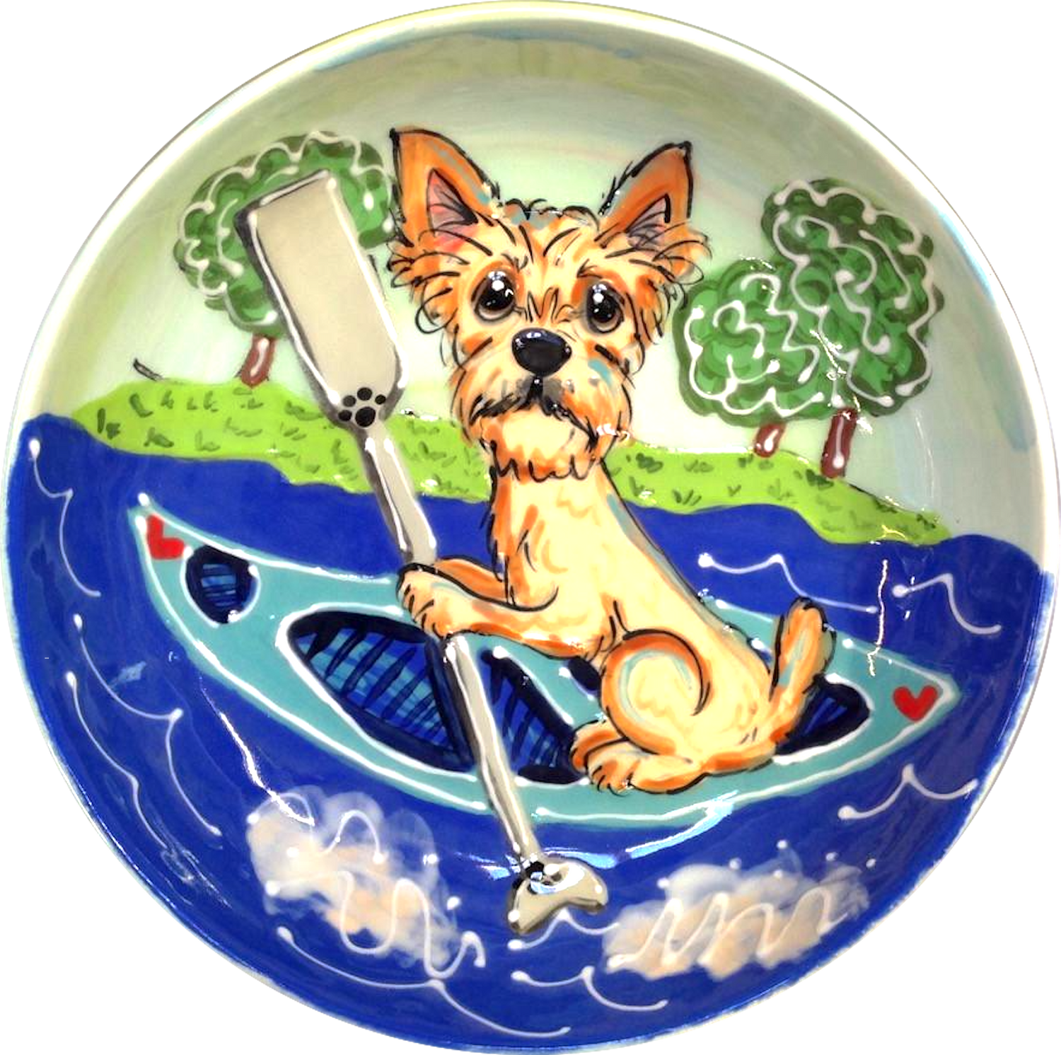 Yorkie in a kayak hand painted by Debby Carman on ceramic best design dog bowl