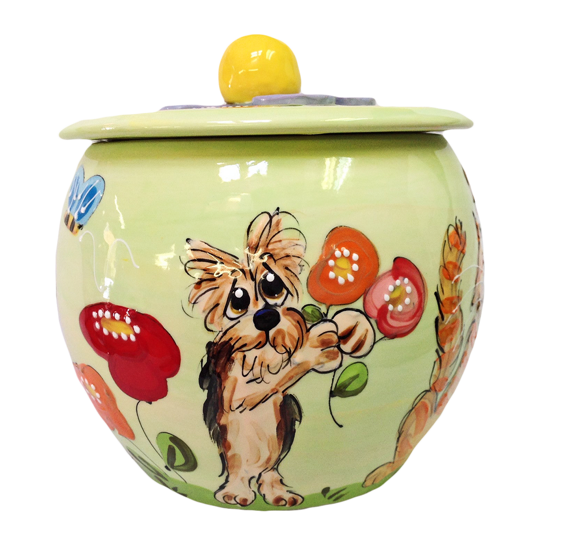 Ceramic dog treat jar custom hand painted yorkie terrier by Debby Carman lime green color