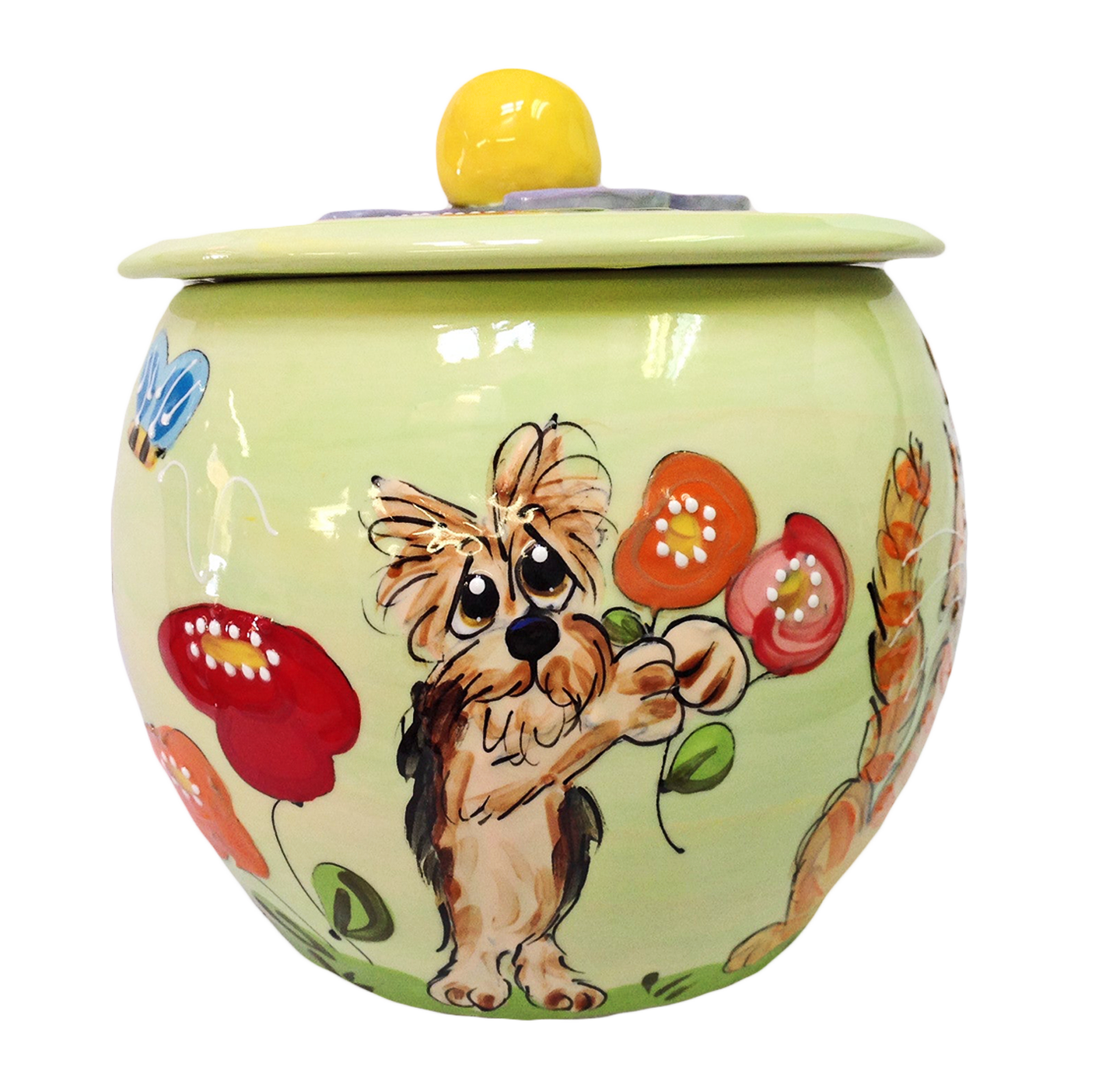 Ceramic dog treat jar custom hand painted yorkie terrier by Debby Carman lime green color