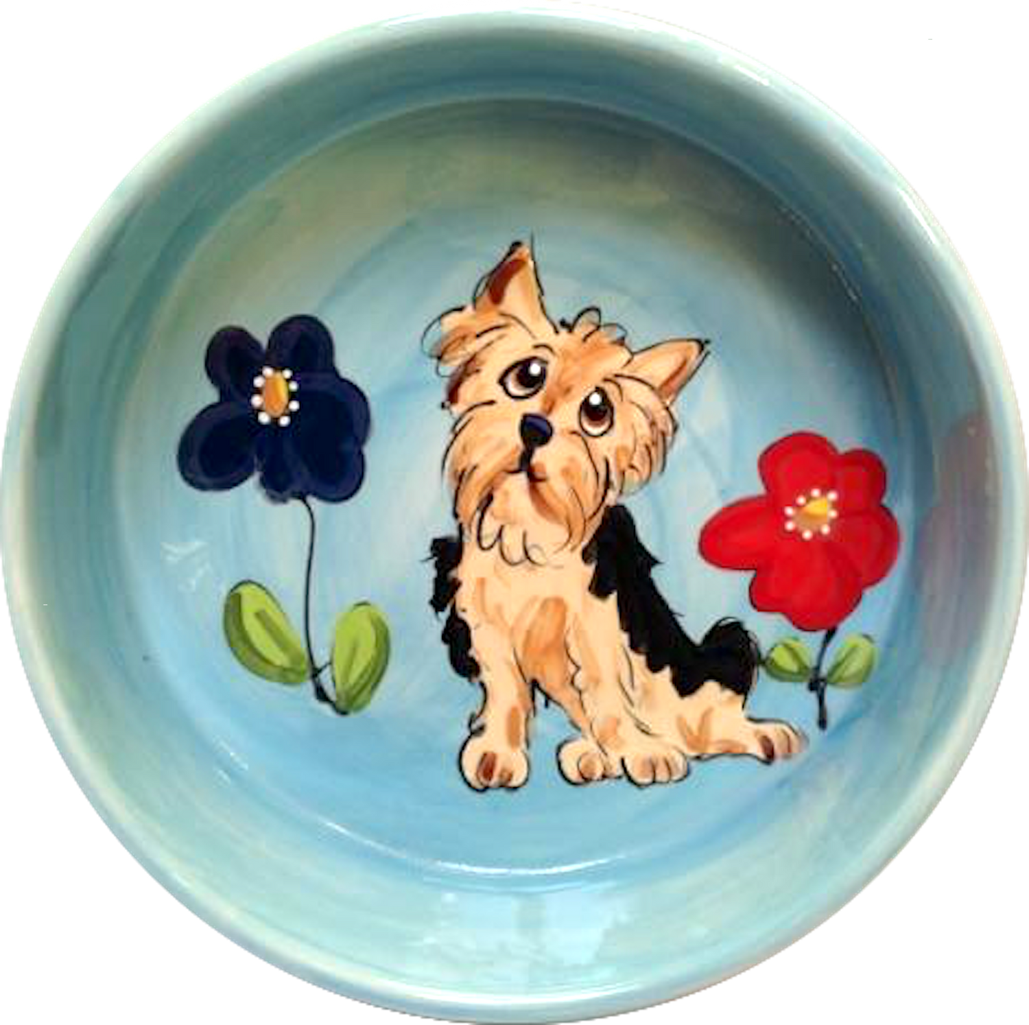 Whimsical Yorkshire terrier dog on blue ceramic pet bowl by debby carman