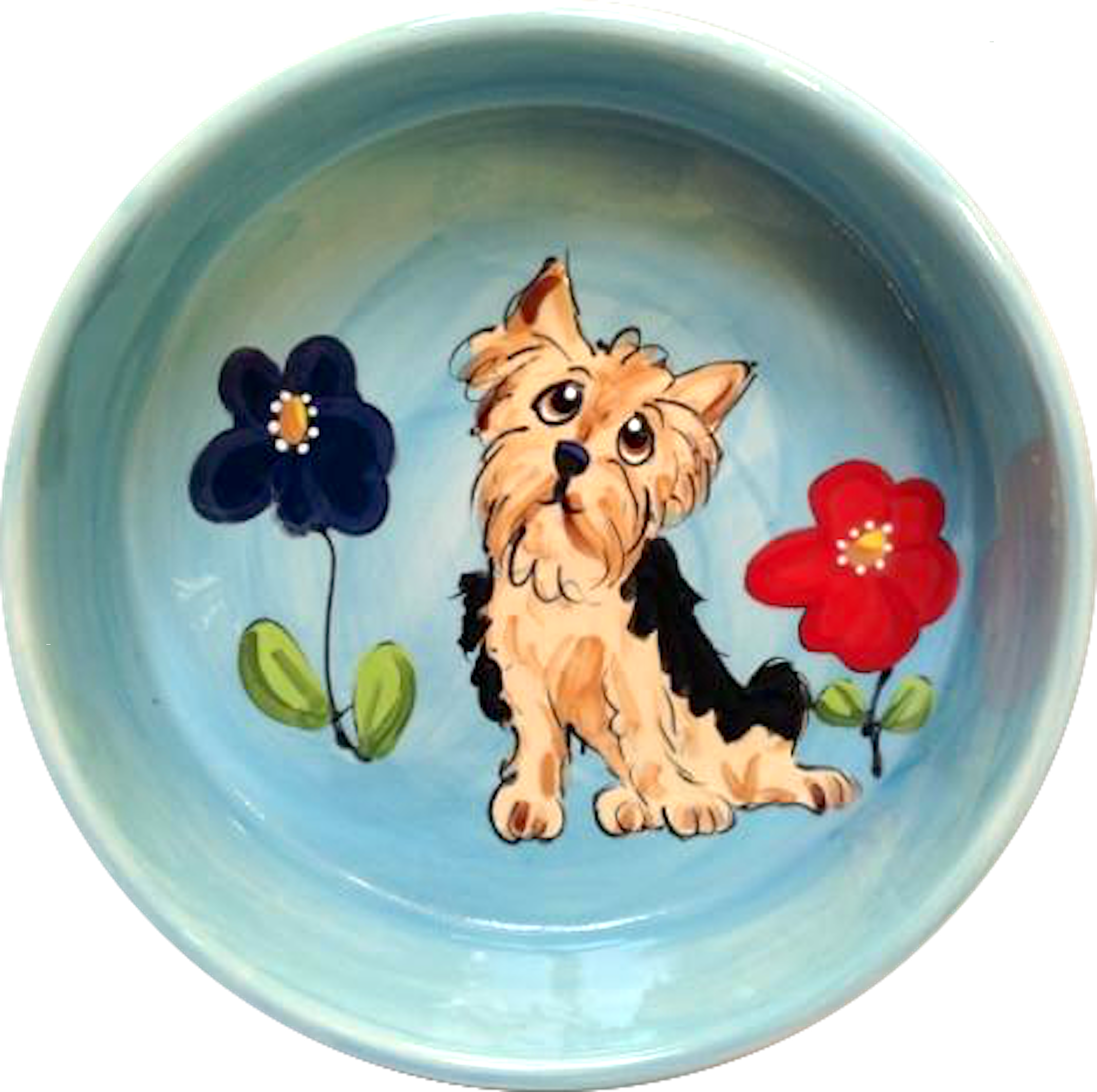 Whimsical Yorkshire terrier dog on blue ceramic pet bowl by debby carman